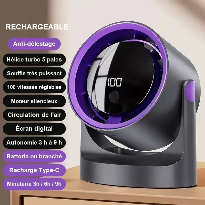 Ventilateur turbo rechargeable à écran digital, vitesse 100 affichée